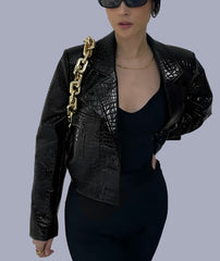 Reflective Crocodile Print Patent Pu Leather Jacket