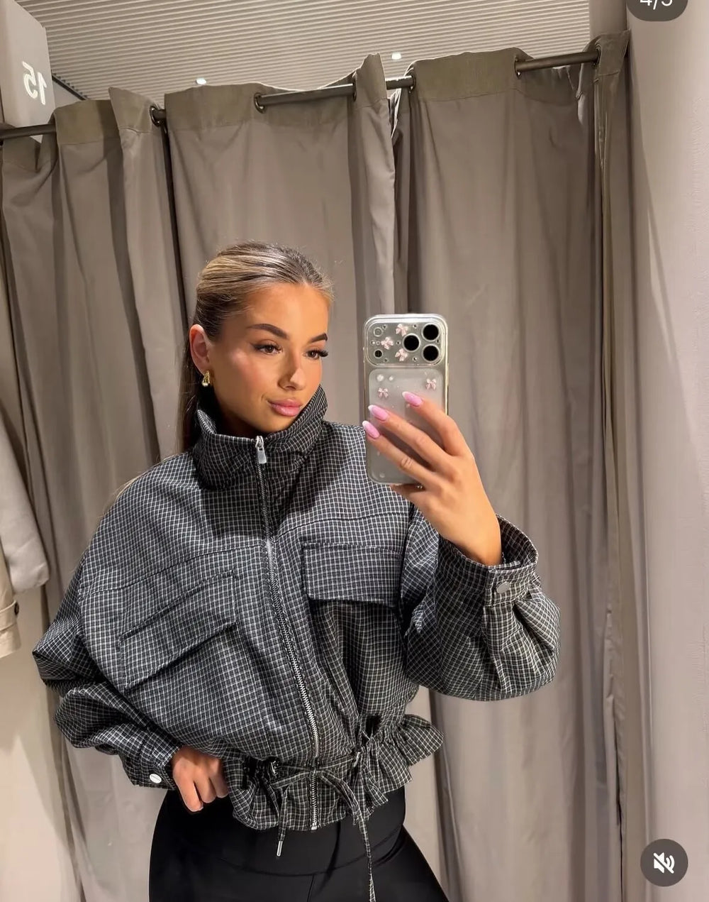 Plaid drawstring waist cropped jacket frontal view