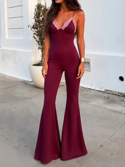 Burgundy lace trim flare jumpsuit