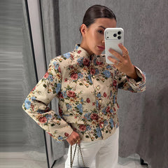 Floral mandarin collar cropped jacket