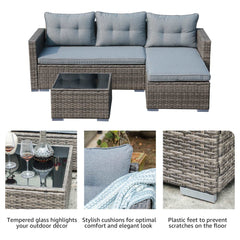 3PCS Outdoor Wicker Rattan Sofa with Cushion Tempered Glass Table