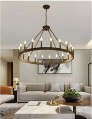 Modern living room with a chandelier, sofa, and coffee table.