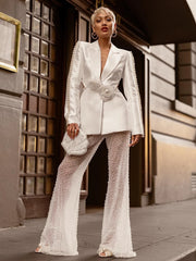 Beaded Pearls Flower Blazer and Mesh sequin Trousers Suits