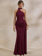 Burgundy one shoulder draped maxi dress
