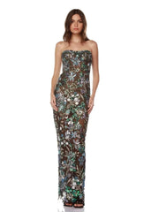 Strapless floral sequin mesh column gown on white background