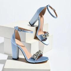 Crystal Embellished Square Heel Ankle Strap Sandals