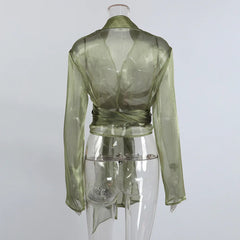 Green Glitter Wrap Front Long Sleeve Shirt