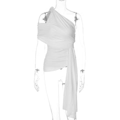 White draped one-shoulder crop top on mannequin