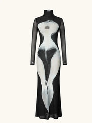 Black and white dress with abstract design on a white background