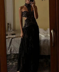 Black lace halter neck maxi gown with tiered ruffles