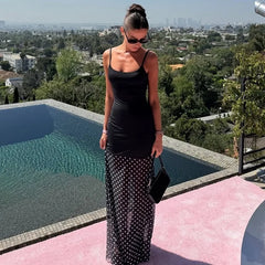 Black Cami Mesh Polka Dot Hem Patchwork Maxi Dress