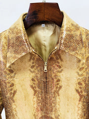Snake Print Pu Leather Jacket and Flare Pants Set