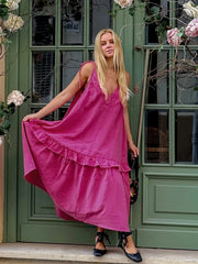 Pink Spaghetti Strap Ruffled Flowy Maxi Dress