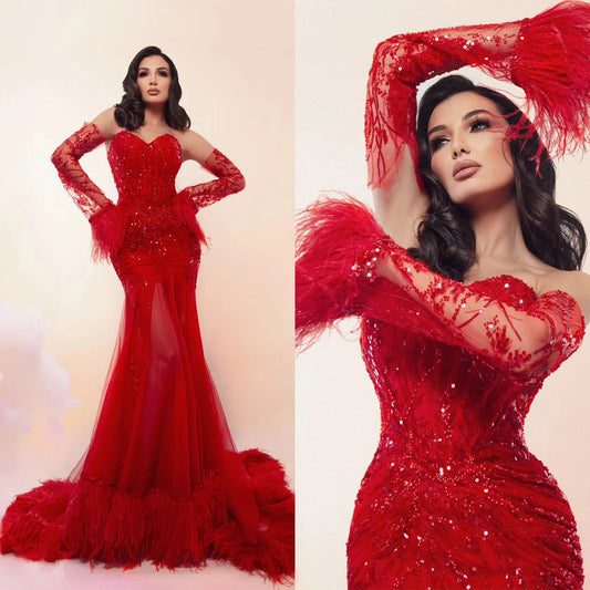 Mermaid Beaded Appliques Lace Red Evening Dress Formal Gowns