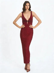 Pearl embellished deep plunge V-neck sleeveless red formal gown
