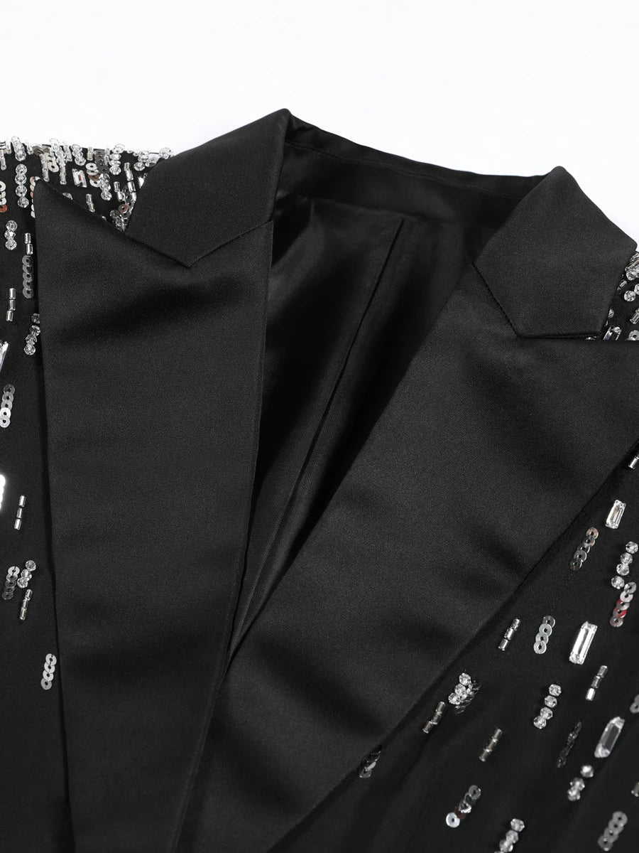 Black blazer with sequin trim on a white background