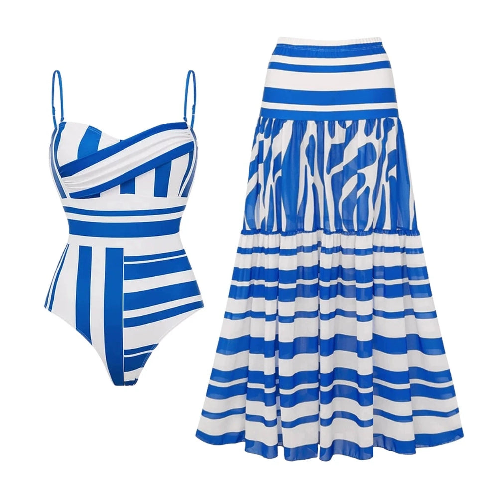 Flat lay of a blue and white striped bandage bodysuit and a matching tiered maxi skirt.