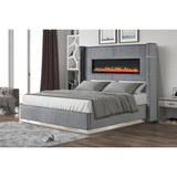 41897403220173/Gray Velvet Upholstery Wooden King Bed with Ambient lighting