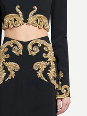 Black Embellished Turtleneck Cropped Top and Column Skirt Set