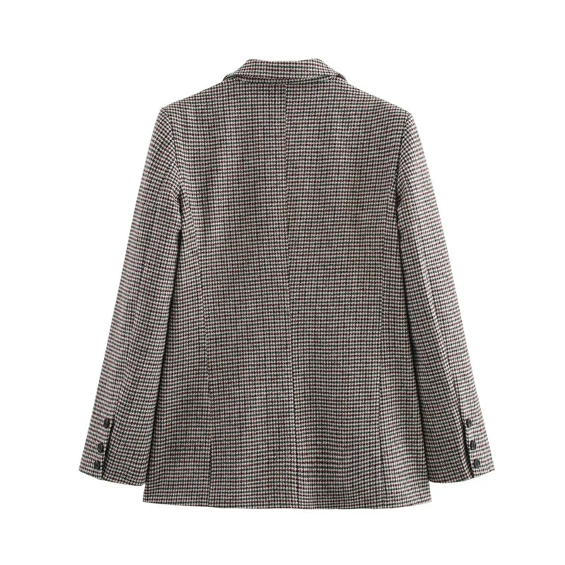 Back view of a gray checkered blazer on a white background