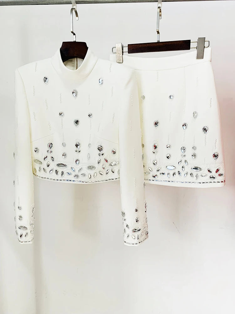 White embellished stand collar cropped jacket and mini skirt set