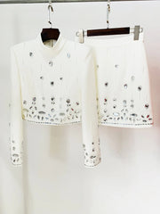 White embellished stand collar cropped jacket and mini skirt set