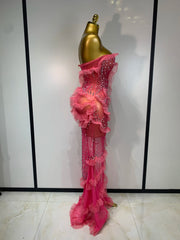 Pink Sheer Strapless Ruffled Diamonds Slit Long Dress