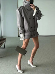 Grey Turn Down Collar Belted Short Trech Coat