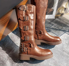 Thick High Heels Mid Calf Boots Punk Gothic Buckle Boots