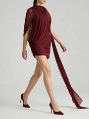 Burgundy dress with sheer overlay on a white background