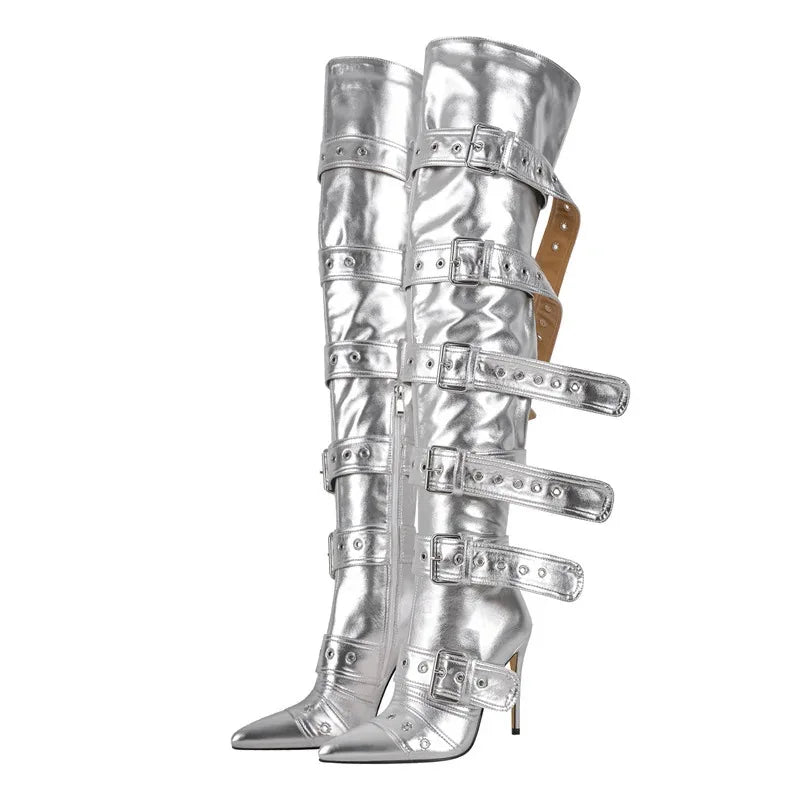 Silver metallic knee-high boots with multiple straps 