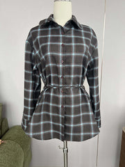 Plaid Lapel Collar Belted Shirt