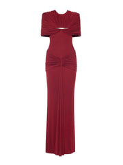 Draped O-Neck Metal Pin Ruched Waist Maxi Dress