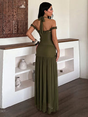 Ruffled Edge Slash Neck Frill Maxi Dress