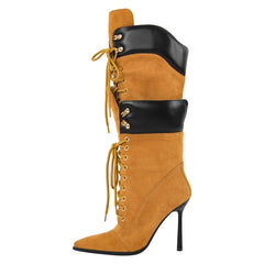 Pointed Toe Lace Up Mid Calf Boots