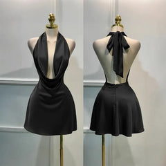 Satin Halter Neck Cowl Neck Mini Dress