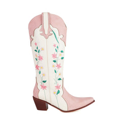 Pink and white cowboy boot with floral embroidery on a white background