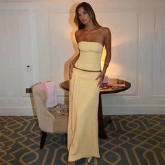 Light yellow strapless tube top and maxi skirt set