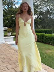 Yellow Open Back Satin Sleeveless Bowknot Ankle Length Dress