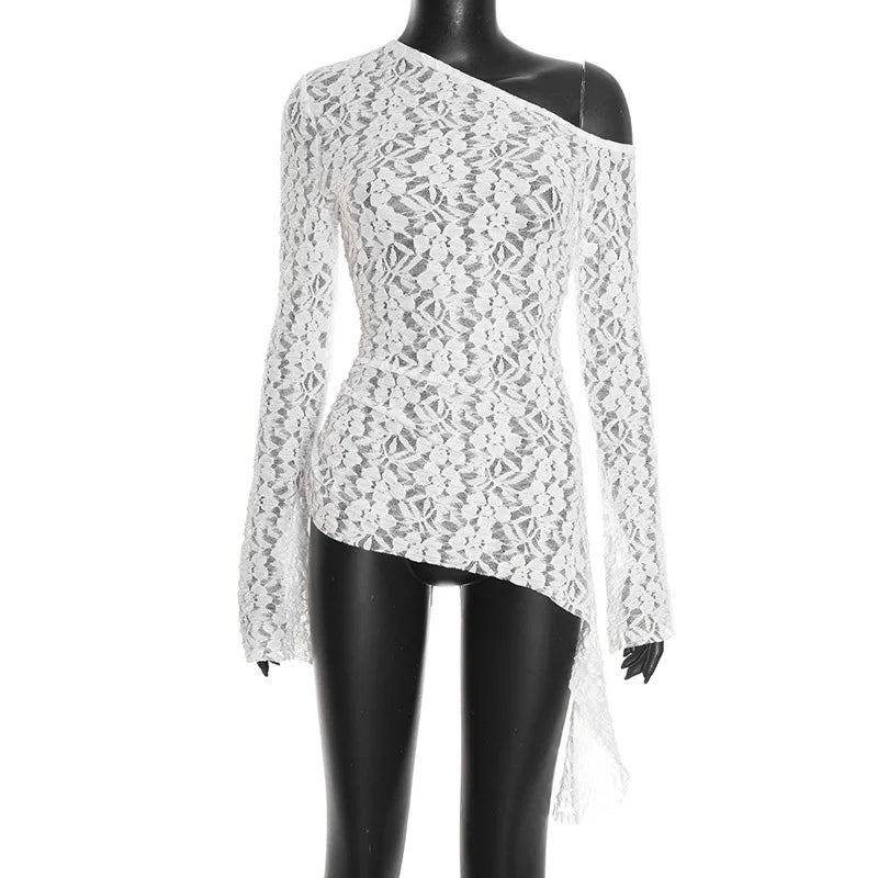 White lace off-shoulder top on a mannequin against a white background