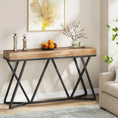 55" Wood Console Table | Entryway Sofa Table with Metal Base