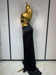 Gold Metallic Tie Up Corset and Black High Slit Maxi Skirt Set