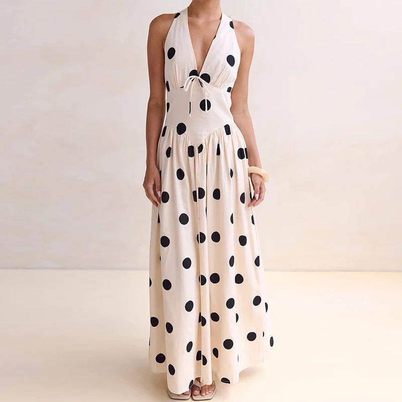 Polka dot halter maxi dress with side accessory
