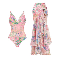 V-Neck Tie-Strap Swimsuit and Wrap Skirt Set