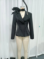 Black Bow Scarf Collar Hollow Out Lapel Collar Blazer