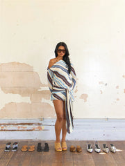 Striped Print Diagonal Collar Wrap Tie Mini Dress