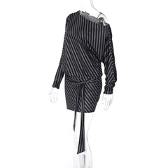 Striped Off Shoulder Tie Waist Mini Dress