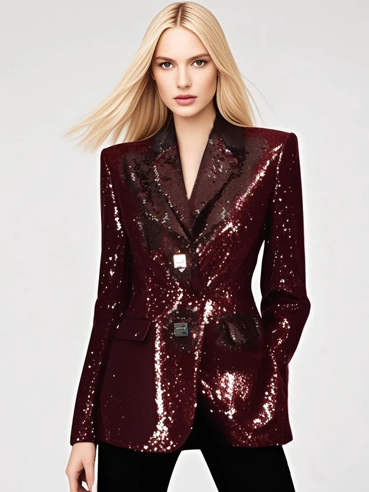 Sequined blazer with a sculpted stand collar for evening wear

