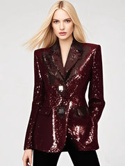 Sequined blazer with a sculpted stand collar for evening wear
