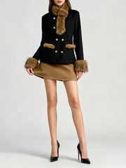 Black Short Coat With Brown Fur Trim And Short Scarf, And Brown Mini Skirt Set